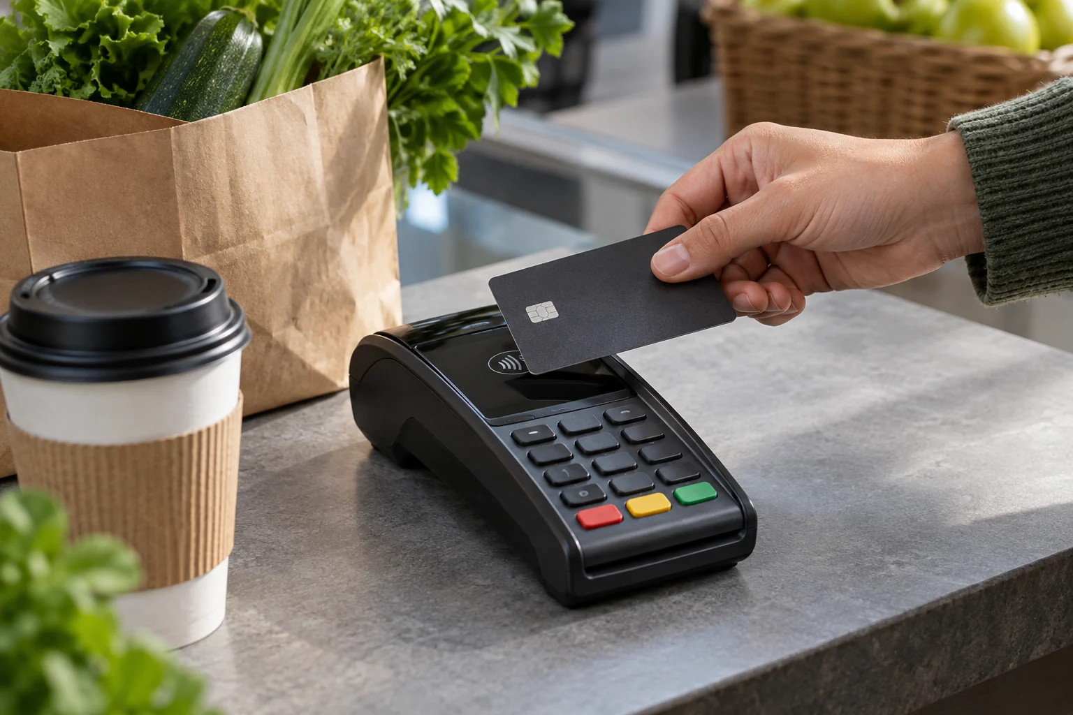 An everyday grocery purchase: a card held above a payment terminal beside produce and coffee